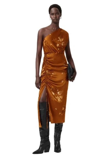 Allsaints Womens Ania Rust Brow Laura One-shoulder Silk-blend Midi Dress In Orange