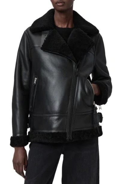 Allsaints Sola Oversize Genuine Shearling Biker Jacket In Black