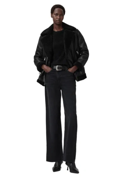 Allsaints Sola Oversize Genuine Shearling Biker Jacket In Black