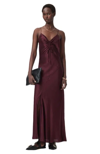 Allsaints Alexia Ruched Satin Slipdress In Burgundy