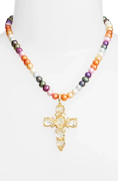 Vidakush Cross Pendant Pearl Necklace In Gold