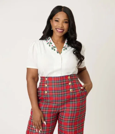 Unique Vintage Plus Size 1940s Short Sleeve Collared Button Down Woven Blouse In White