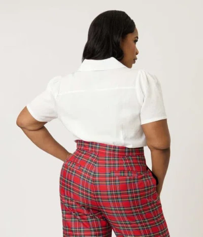 Unique Vintage Plus Size 1940s Short Sleeve Collared Button Down Woven Blouse In White