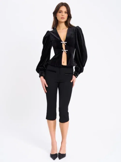 Miss Circle Krista Velvet Lantern Sleeve Top With Crystal Bow In Animal Print