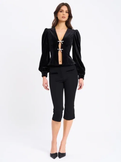 Miss Circle Krista Velvet Lantern Sleeve Top With Crystal Bow In Animal Print