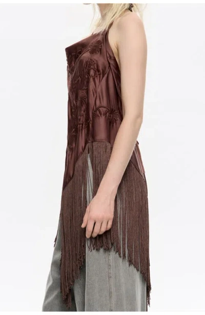 Bimba Y Lola Embroidered Fringed Halter Top In Brown