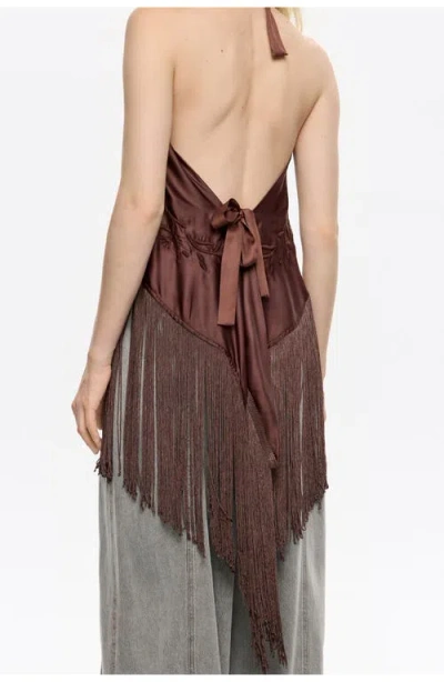 Bimba Y Lola Embroidered Fringed Halter Top In Brown