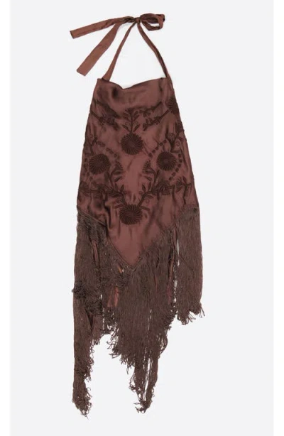 Bimba Y Lola Embroidered Fringed Halter Top In Brown