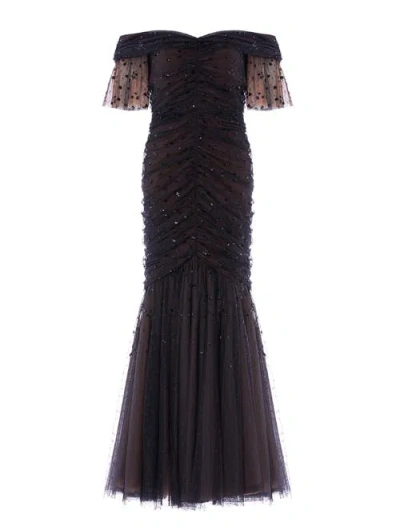 Needle & Thread Dappled Sequin Rouched Off-shoulder Gown In Black