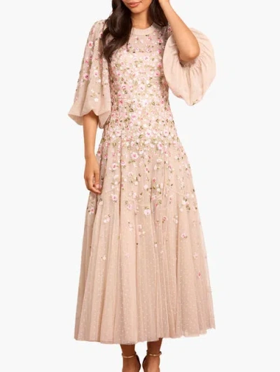 Needle & Thread Sylvia Rose Round Neck Ankle Gown In Neutral
