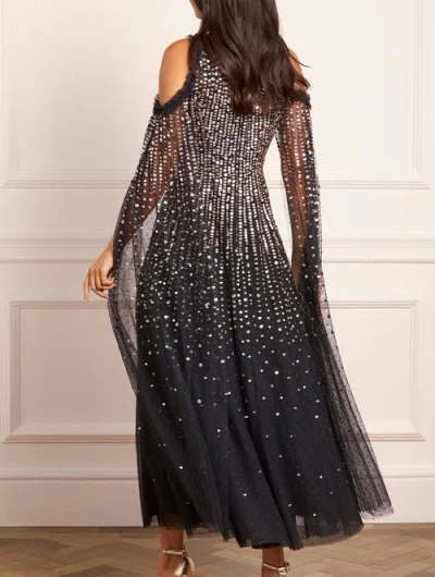 Needle & Thread Moonlight Sequin Cape Sleeve Ankle Gown In Black
