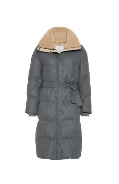 Brunello Cucinelli Belted Quilted Shearling-trimmed Wool Down Jacket In Gray