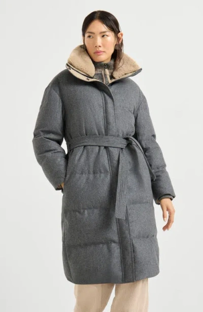 Brunello Cucinelli Belted Quilted Shearling-trimmed Wool Down Jacket In Gray