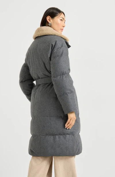 Brunello Cucinelli Belted Quilted Shearling-trimmed Wool Down Jacket In Gray