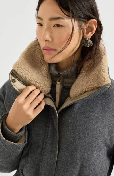 Brunello Cucinelli Belted Quilted Shearling-trimmed Wool Down Jacket In Gray