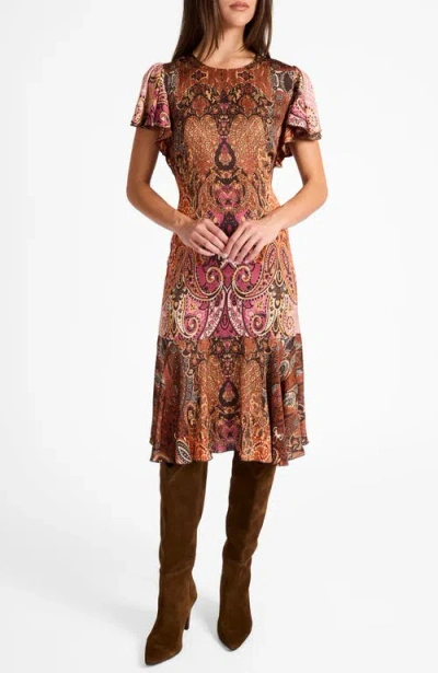 Santorelli Grazia Flutter Sleeve Sheath Dress In Printed Charmeuse In Multi