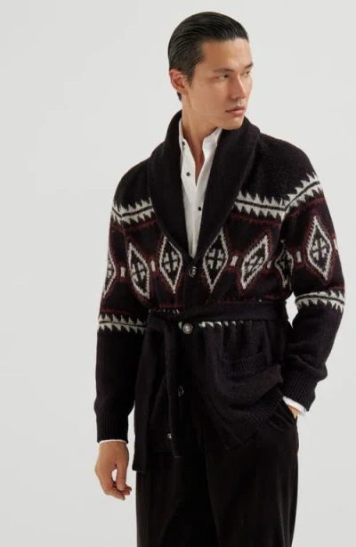 Brunello Cucinelli Geometric-jacquard Belted Cardigan In Multi