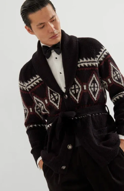 Brunello Cucinelli Geometric-jacquard Belted Cardigan In Multi