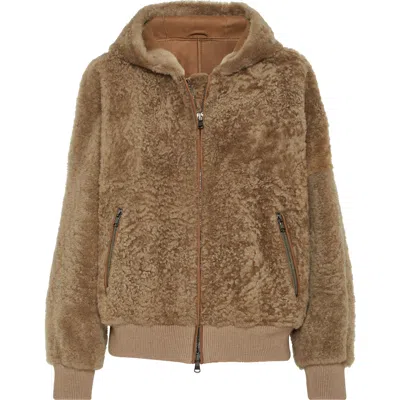 Brunello Cucinelli Fuzzy Shearling Outerwear Jacket In Brown