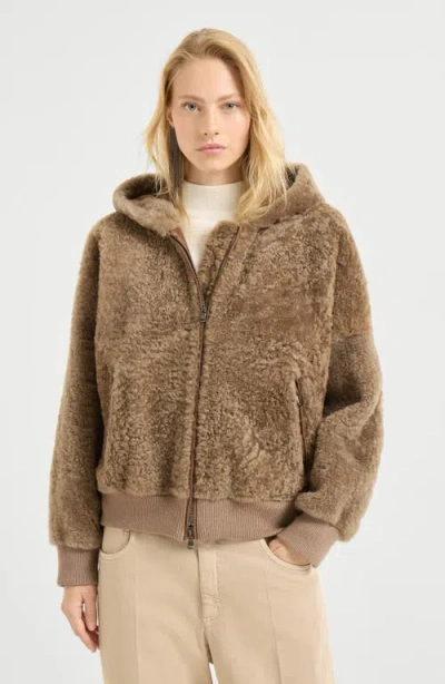 Brunello Cucinelli Fuzzy Shearling Outerwear Jacket In Brown