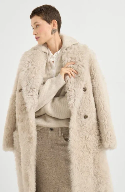 Brunello Cucinelli Double-breasted Shearling Coat In Neutral