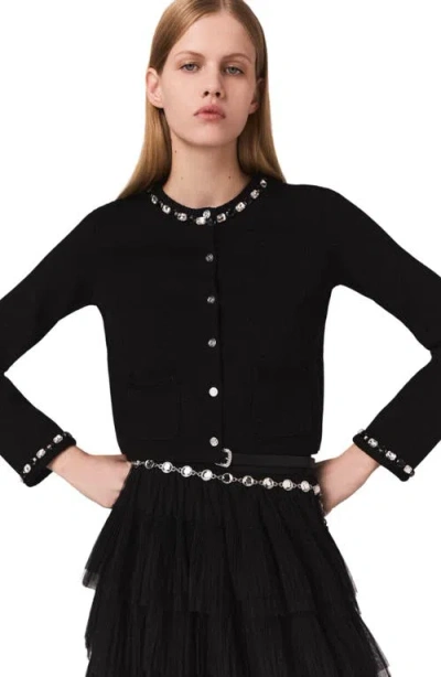 Maje Cropped Jewellery Detail Cardigan In Black