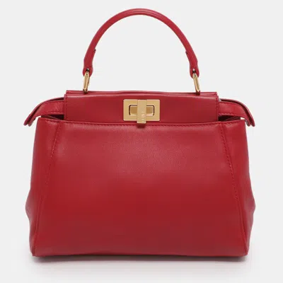Pre-owned Fendi Red Leather Mini Peekaboo Top Handle Bag