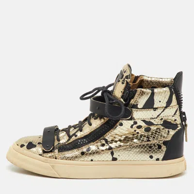 Pre-owned Giuseppe Zanotti Gold/black Python Embossed Leather Coby High Top Sneakers Size 39