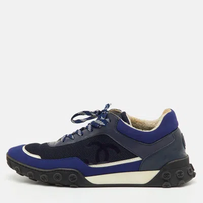 Pre-owned Chanel Navy Blue/white Leather Neoprene And Mesh Cc Low Top Sneakers Size 40