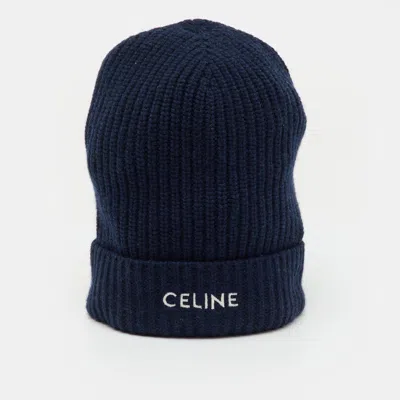 Pre-owned Celine Navy Blue Logo Cashmere Knit Beanie One Size