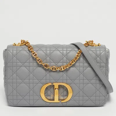 Pre-owned Dior Grey Cannage Leather Medium Caro Shoulder Bag In Gray