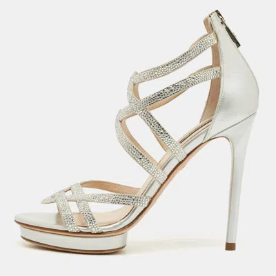 Pre-owned Roberto Cavalli Silver Leather Crystal Embellished Strappy Sandals Size 37