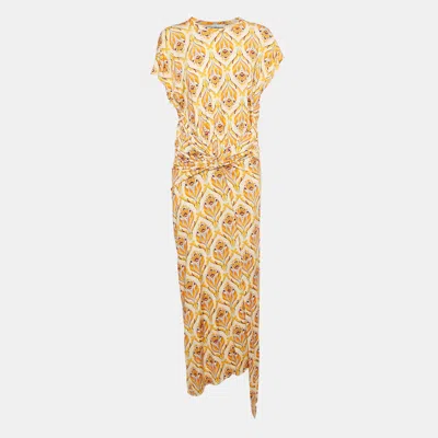 Pre-owned Rabanne Orange Printed Jersey Draped Long Dress L