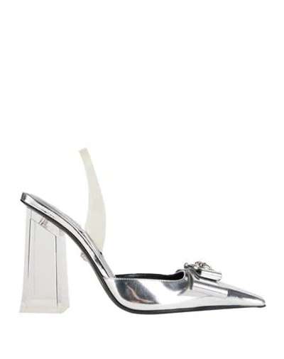 Versace Woman Pumps Silver Size 11 Calfskin, Pvc - Polyvinyl Chloride In Silver