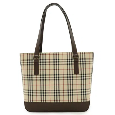 Pre-owned Burberry Beige Black Bordeaux Dark Brown Canvas Leather Shoulder Bag Tote Bag ()