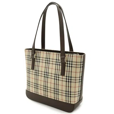 Pre-owned Burberry Beige Black Bordeaux Dark Brown Canvas Leather Shoulder Bag Tote Bag ()