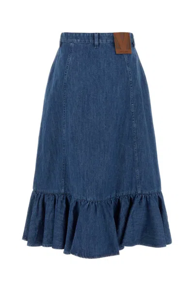 Valentino Blue Denim Midi Skirt In Multi