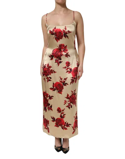 Pre-owned Dolce & Gabbana Beige Floral Spaghetti Strap Sheath Women's Dress () In Sand