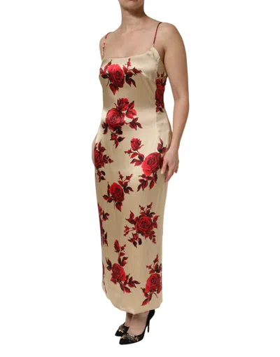 Pre-owned Dolce & Gabbana Beige Floral Spaghetti Strap Sheath Women's Dress () In Sand