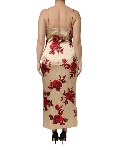Pre-owned Dolce & Gabbana Beige Floral Spaghetti Strap Sheath Women's Dress () In Sand