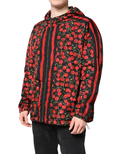 Dolce & Gabbana Black Cherry Print Hooded Windbreaker Jacket In Multi