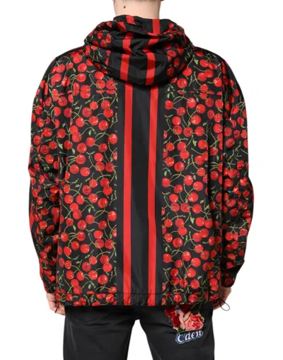 Dolce & Gabbana Black Cherry Print Hooded Windbreaker Jacket In Multi