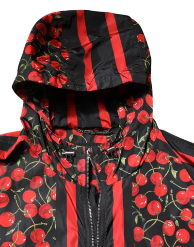 Dolce & Gabbana Black Cherry Print Hooded Windbreaker Jacket In Multi