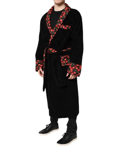 Dolce & Gabbana Black Cherry Print Wrap Robe Men Coat Men's Jacket In Black