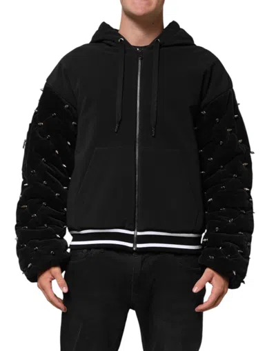 Pre-owned Dolce & Gabbana Black Cotton Quilted Studded Sleeve Hoodie Men's Jacket ()