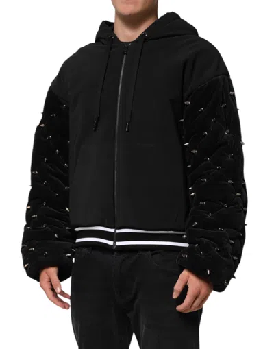 Pre-owned Dolce & Gabbana Black Cotton Quilted Studded Sleeve Hoodie Men's Jacket ()