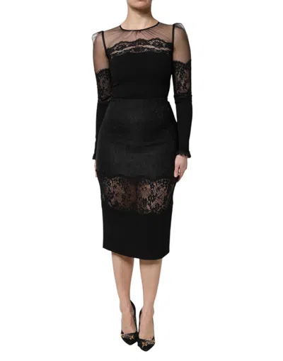 Pre-owned Dolce & Gabbana Black Lace Trim Nylon Tulle Sheath Midi Women's Dress ()