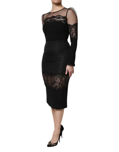 Pre-owned Dolce & Gabbana Black Lace Trim Nylon Tulle Sheath Midi Women's Dress ()