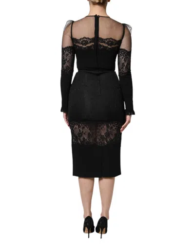Pre-owned Dolce & Gabbana Black Lace Trim Nylon Tulle Sheath Midi Women's Dress ()