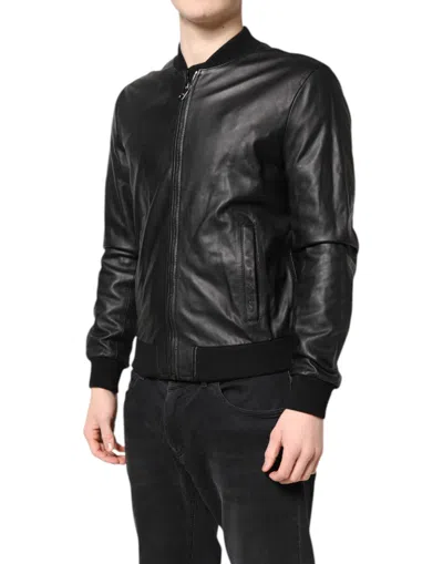 Pre-owned Dolce & Gabbana Black Lambskin Leather Full Zip Biker Men's Jacket ()